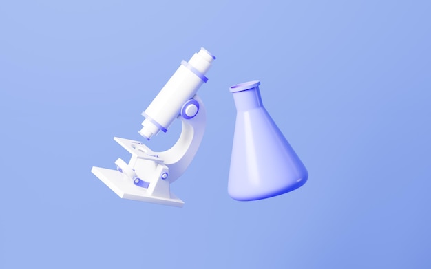 Cartoon microscope and conical flask in the purple background 3d rendering Digital drawing