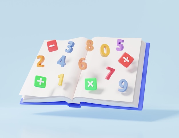 Мультяшная минимальная красочная открытая книга с символами математика плюс минус умножение на небесно-голубом пастельном фоне расчет подсчета концепции финансового образования 3d визуализация иллюстрации