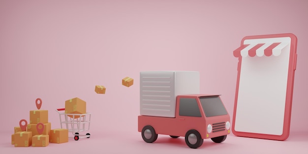 패키지 상자가 있는 만화 최소 배달 트럭. 온라인 배달 서비스 개념입니다.