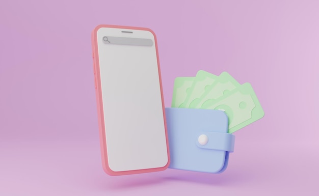 Cartone animato minimo telefono con portafoglio di denaro contante, pagamento finanziario