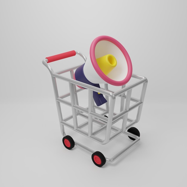 Photo cartoon minimal shop cart and megaphone, loudspeaker