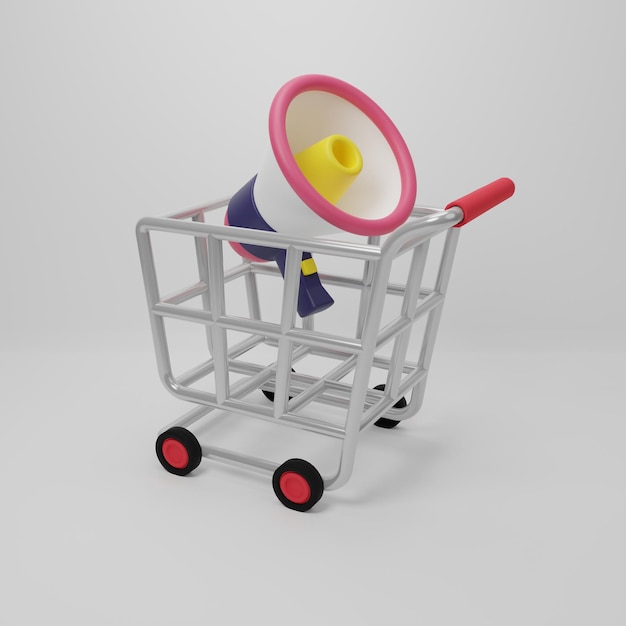 Cartoon minimal shop cart and megaphone, loudspeaker