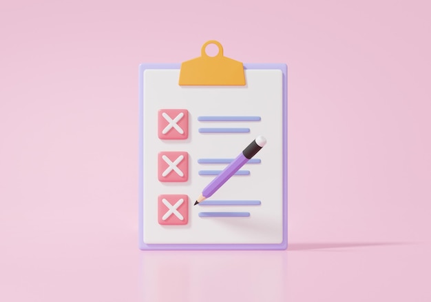 Cartoon minimal style checklist on clipboard paper information business document incorrect red mark on pink background 3d render illustration