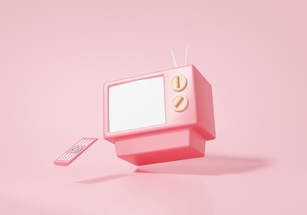 Cartoon minimal style remote control and tv icon floating on pink background media connection  banner copy space 3d rendering illustration