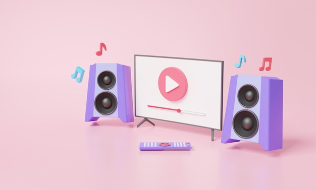 Photo cartoon minimal style tv modern playing video with instrument speaker on pink pastel background wireless media connection internet banner copy space isometric 3d render illustration