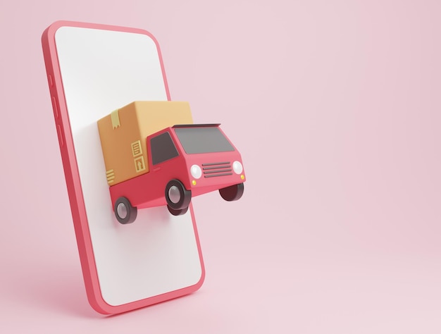 Foto cartoon minimale bestelwagen geladen met een kartonnen doos en smartphone