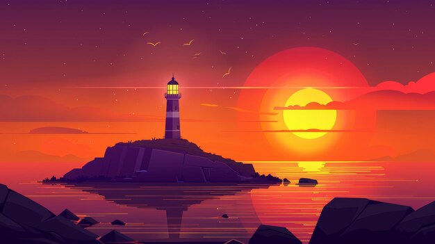 Photo cartoon modern background with house on rocky coast in ocean at orange sunrise evening or morning seascape with lighthouse on island ship deck view abstract seascape at sunset with lighthouse on