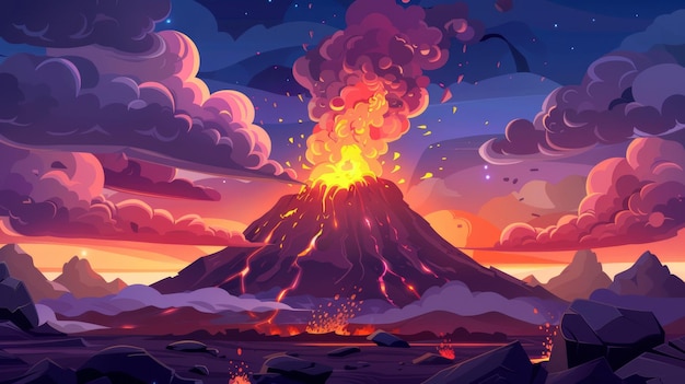 Photo cartoon modern background with volcano lava eruption volcanic mountain prehistoric landscape scene with rock smoke cloud and magma natural apocalypse with volcanic explosion