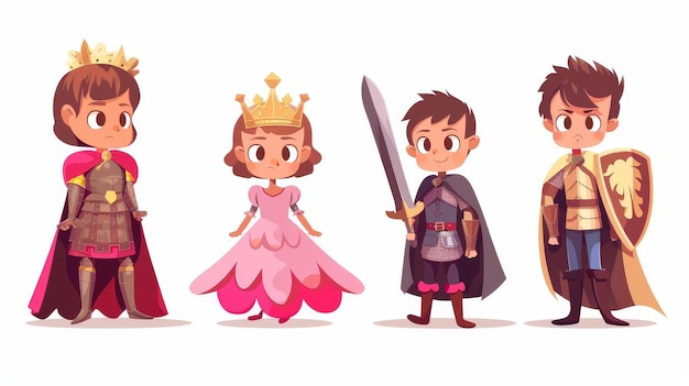 Photo a cartoon modern of cute children dressed in fairytale costumes one is a little girl princess in pink puffy dress red shoes and a golden crown on her head the other is a boy knight wearing red