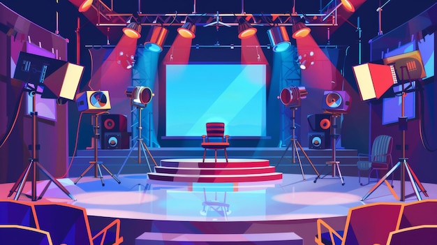 Cartoon modern of empty competition and contest stage with microphone and loudspeakers on scene large picture screen jury and audience chairs spotlights and television cameras Set up for talent