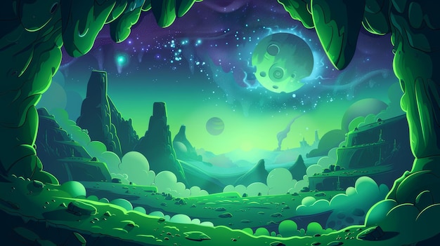 크레이터와 공중의 독성 안개를 가진 초록색 외계 행성 표면의 현대적인 일러스트레이션으로 독성 가스가있는 무인 땅과 별으로 가득 찬 밤하늘을 특징으로합니다.