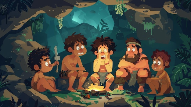 Photo cartoon modern illustration of neanderthal tribe dwelling inside a prehistoric cave ancient primitive drawings of life scenes adorn the walls