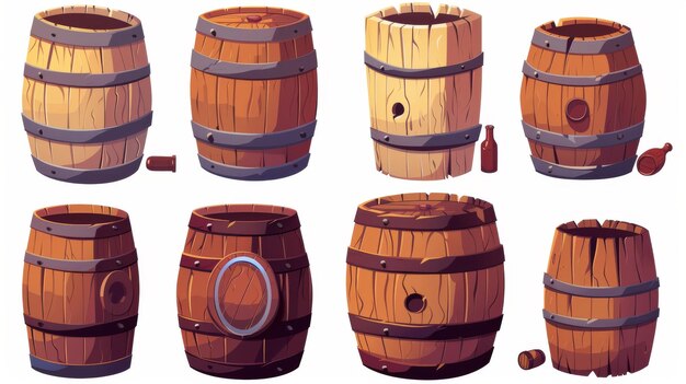 Photo cartoon modern illustration of old wooden barrels for wine and whiskey making gunpowder and tnt storage old wood kegs stacked and singled out