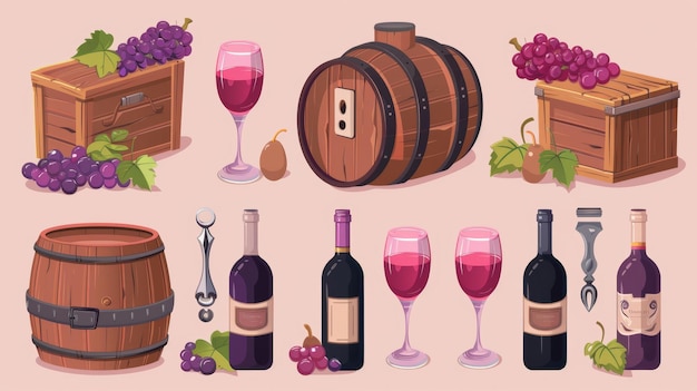 Photo cartoon modern illustration set of grape alcohol drink elements aged wooden oak barrels and box wines and champagnes in bottles and glasses olives and fruits