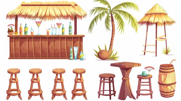 Cartoon modern illustration set of tropical tiki cafe on sand island with straw roof wooden stools palm tree with coconut cocktail drinks on counter