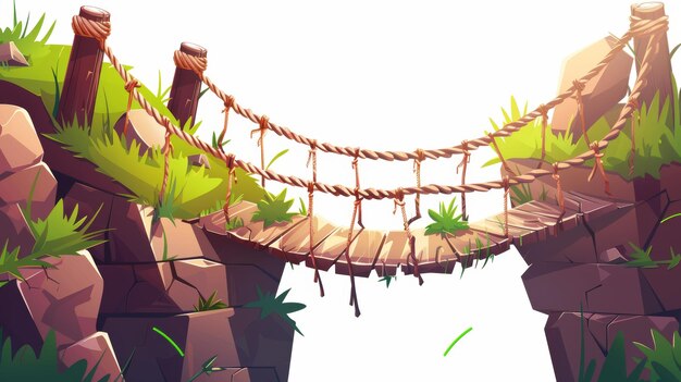 Photo a cartoon modern illustration set of wooden suspension bridge with rope stones and grass straining over abyss on edge of cliff