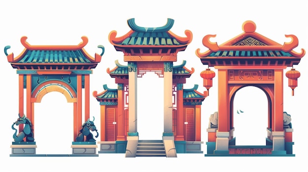 伝統的な中国の家屋や寺院のドアをカートゥーンで描いた現代的なイラスト屋根の階段とランタンのアジアのパビリオン古典的な装飾のアンティークの入り口