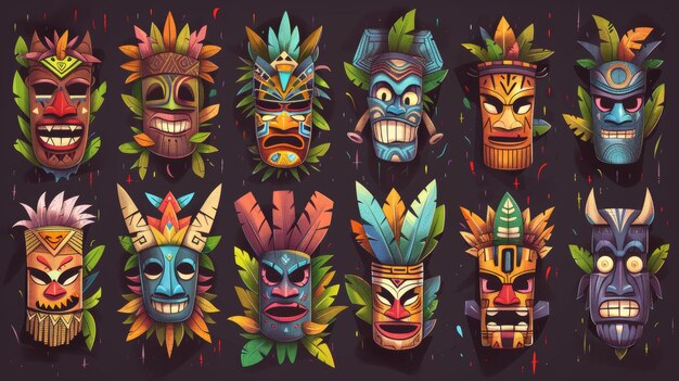 Cartoon modern illustrations of tiki masks depicting Hawaiian and Polynesian deities Images are rendered in a cartoon style with feathers and leaves added to enhance the design