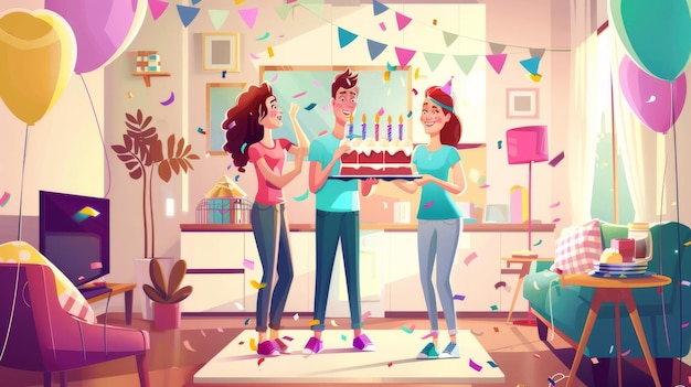 Cartoon modern panoramisch huis kamer interieur met twee vrouwen feliciteren man op zijn verjaardag met taart met kaars ballonnen en confetti