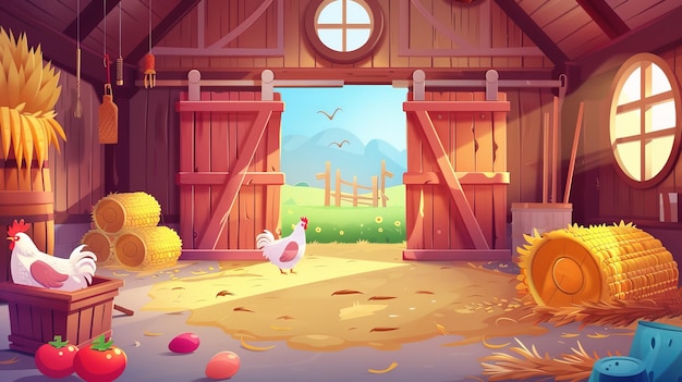 Foto cartone animato moderno ranch shed interno con galline e elementi agricoli tra cui pareti di legno un cancello aperto galline uova fieno di mais e pomodori maturi