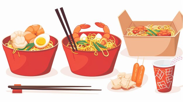 In a cartoon modern style a set of traditional Asian foods for lunch with spices shrimp fried eggs and sausage with chopsticks are displayed in a red bowl paper box and plastic cup