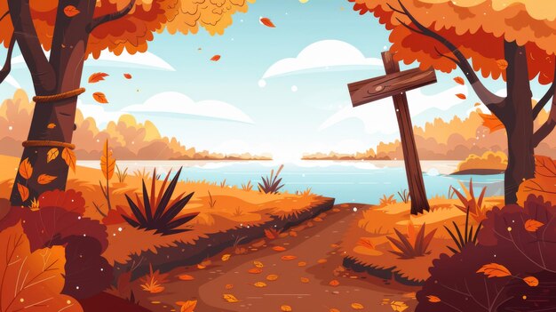 Cartoon modern of sunny fall season scenery with pond and woods on shore with orange and brown leaves on trees soil path and wooden arrow sign