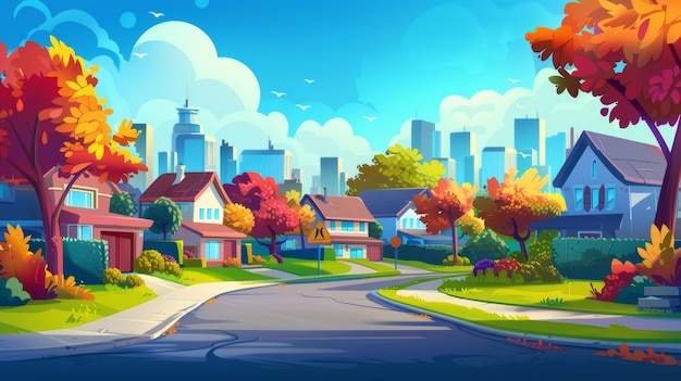 Photo the cartoon modern town landscape with neighborhood cottages features a rural farmhouse on a street with yards and trees a road and driveway against a silhouette of a skyscraper in the distance