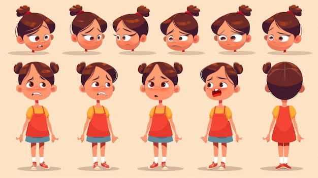 Cartoon moderne illustratie van een klein meisje met verschillende lipposities tijdens het uitspreken van Engelse alfabetletters droevige en boze emoties