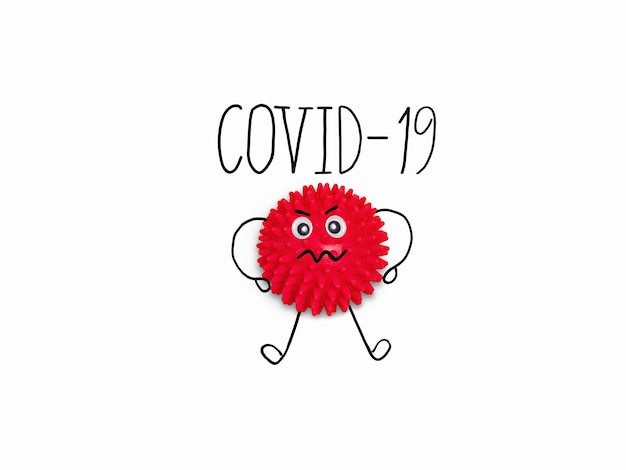 흰색 바탕에 텍스트 COVID-19 만화 분자 코로나 바이러스.
