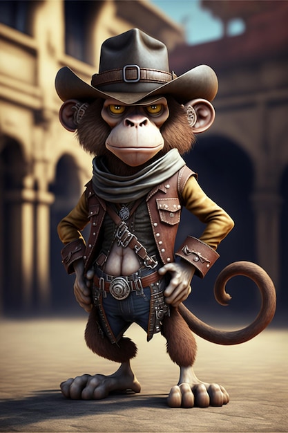 Cartoon monkey dressed in a cowboy outfit generative ai