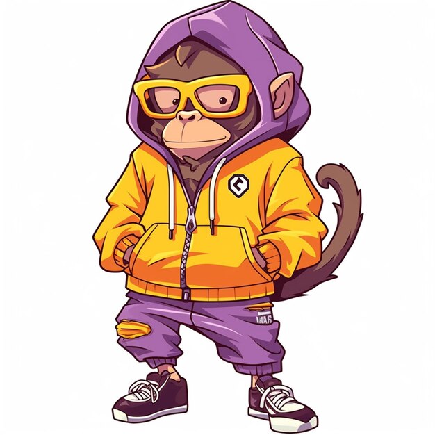 Photo cartoon monkey in a hoodie and pants with sunglasses generative ai