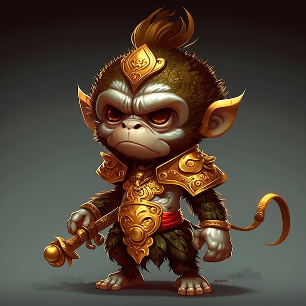 A cartoon monkey king with a gold helmet and a sword