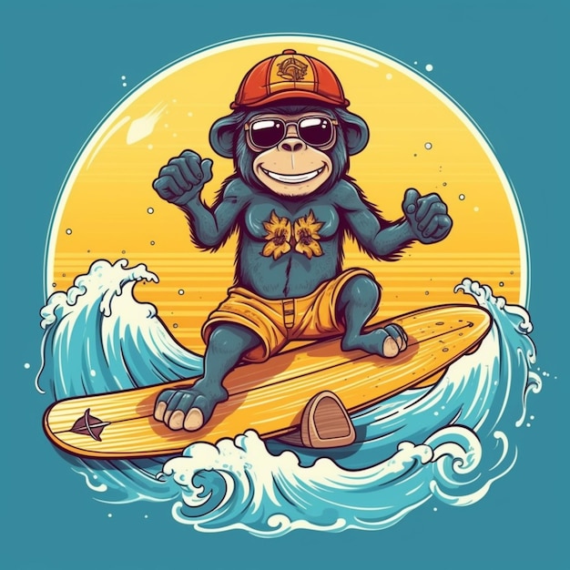 Cartoon monkey surfer riding a wave on a surfboard generative ai