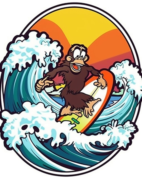 a cartoon monkey surfing on a wave in the ocean generative ai