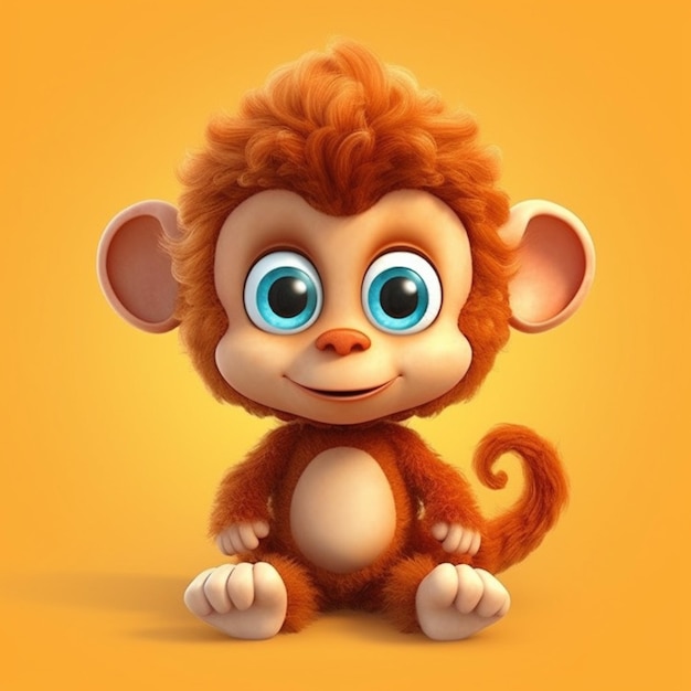 A cartoon monkey with big blue eyes sits on an orange background