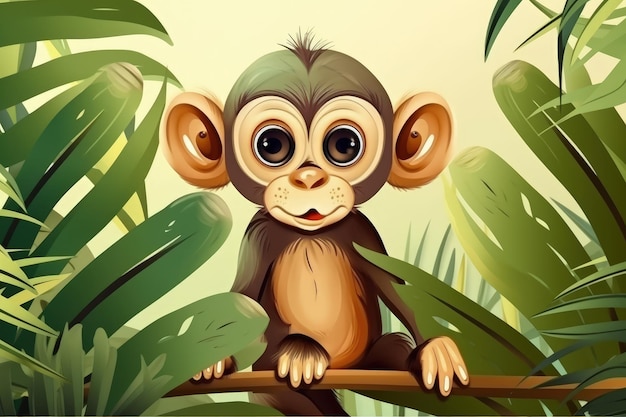 A cartoon monkey with big eyes sits on a branch of palm leaves.