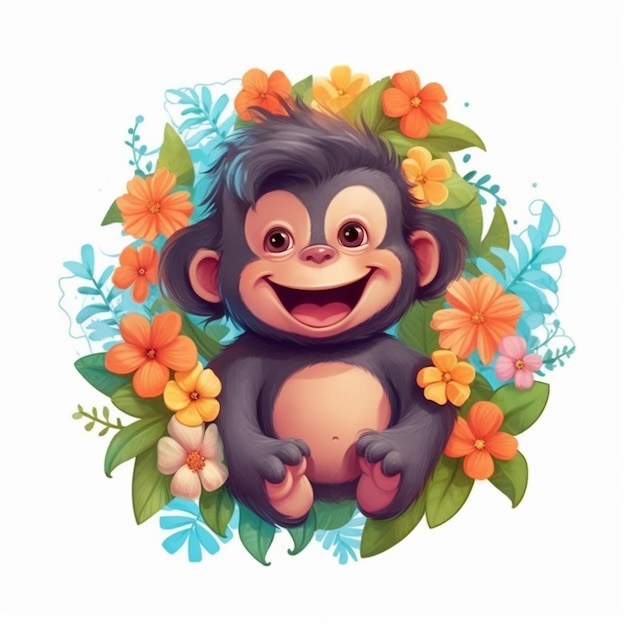 Cartoon monkey with flowers and leaves around it generative ai