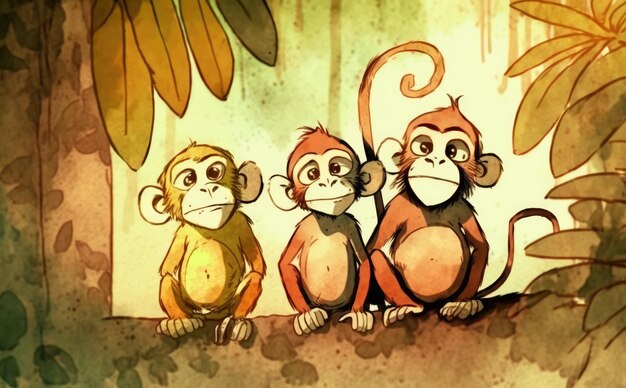 A cartoon of monkeys in a jungle. watercolor illustrations for kids cartoon style ai generated