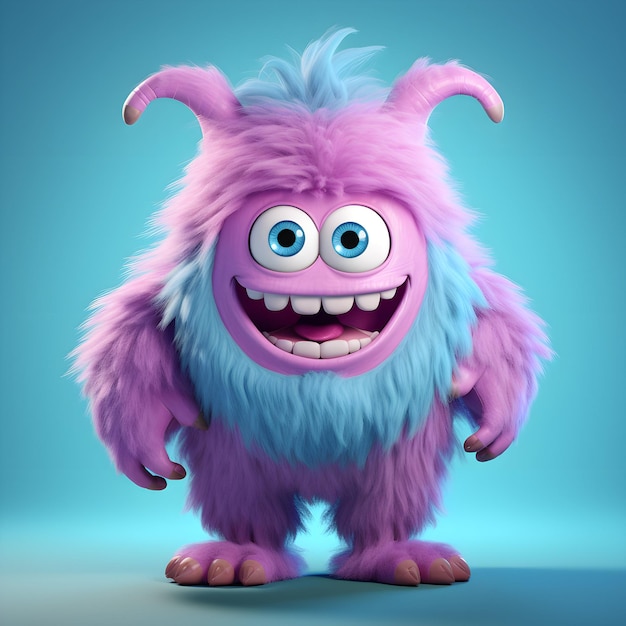 cartoon monster charactor on a blue background with fur bright eyes and funny expression