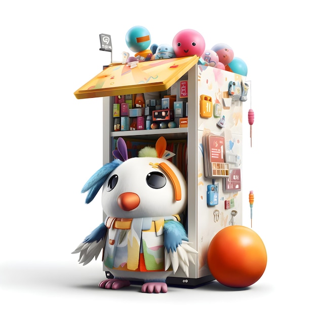 Cartoon monster met een koelkast vol speelgoed op een witte achtergrond