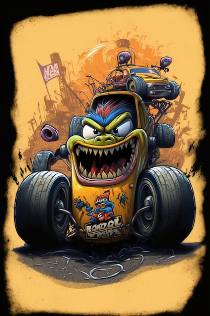 Cartoon monster monster car with big teeth and big tires generative ai