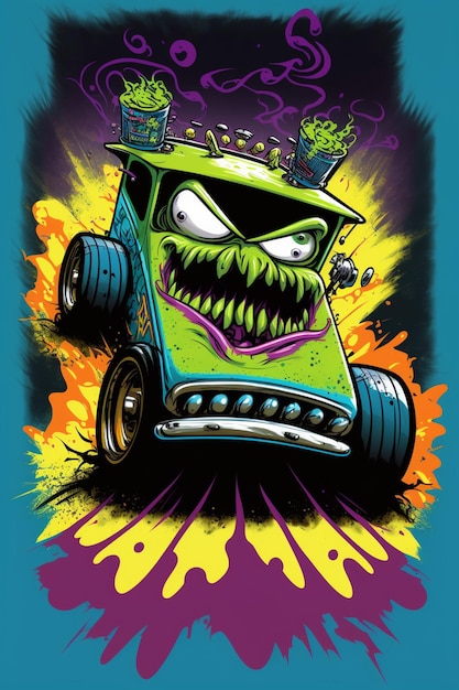 Cartoon monster monster monster truck met vlammen en rook die uit de achterste generatieve ai komen