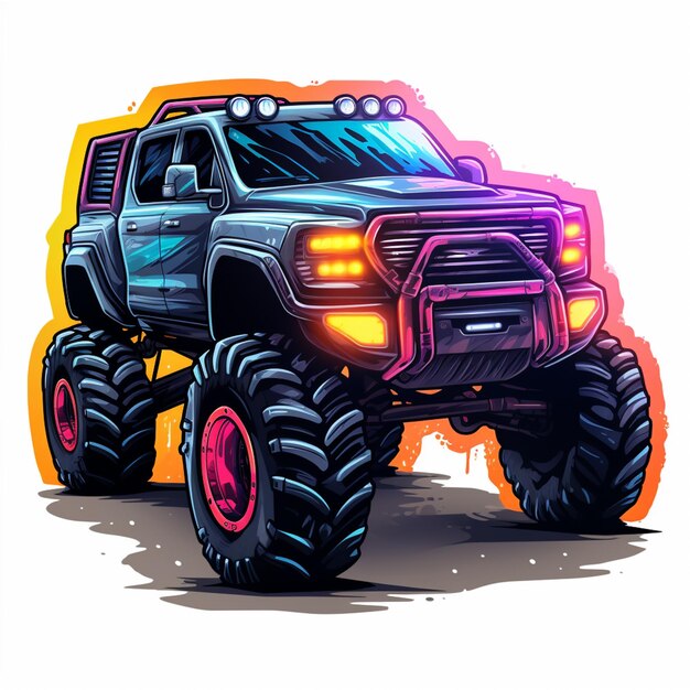 Cartoon monster truck met felle lichten en een grote band generatieve ai