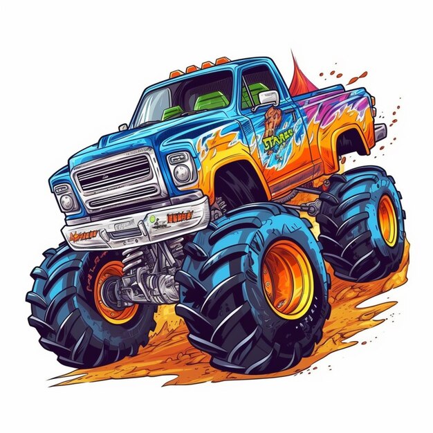 Foto cartoon monster truck met vlammen en vlammen op de motorkap generatieve ai