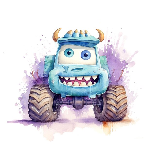 Cute blue monster truck cartoon illustration