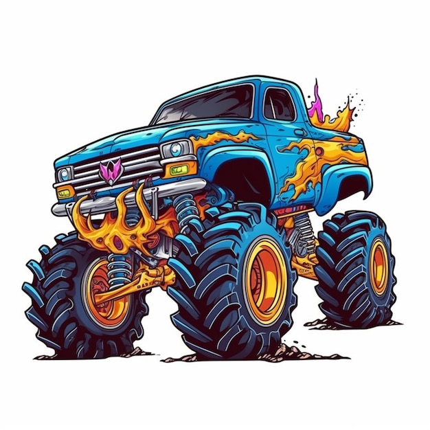 A cartoon monster truck with flames and flames on it generative ai