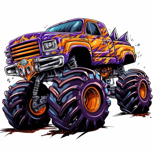 cartoon monster truck with orange and purple flames on the front generative ai