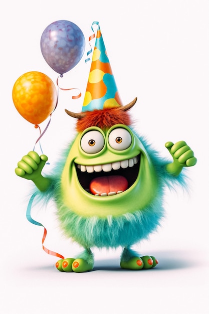 A cartoon monster wearing a party hat holding balloons and a balloon