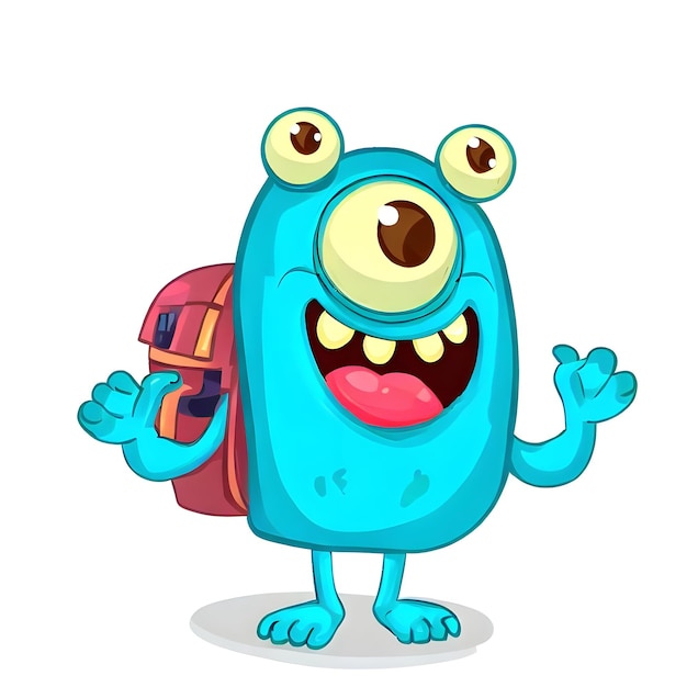 Cartoon monster wearing school bag happy face