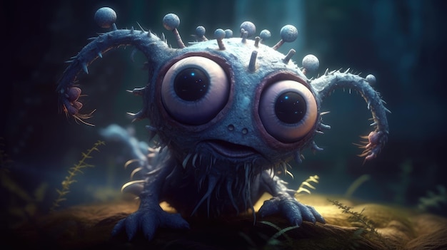 A cartoon monster with big eyes and big eyes is on a dark background.